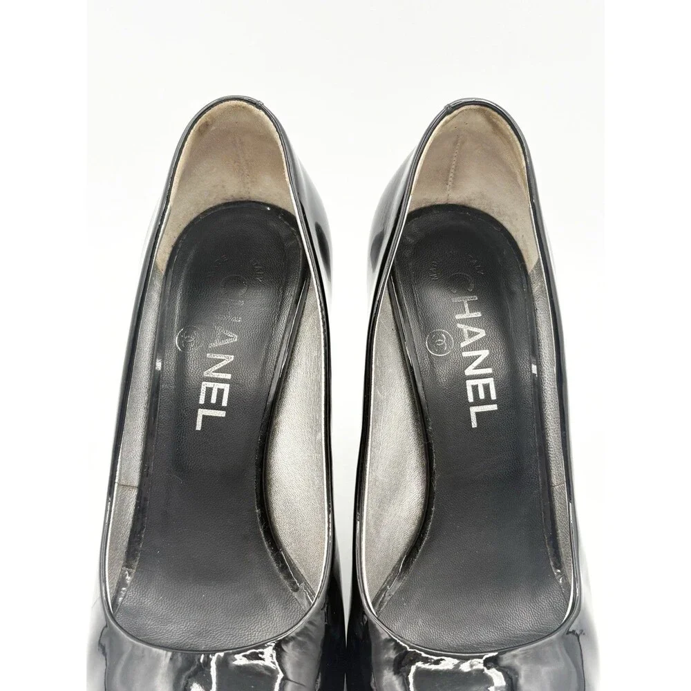 Chanel Black Patent Leather Peep Toe Pumps  Silver CC Logo Heel Size EU 36